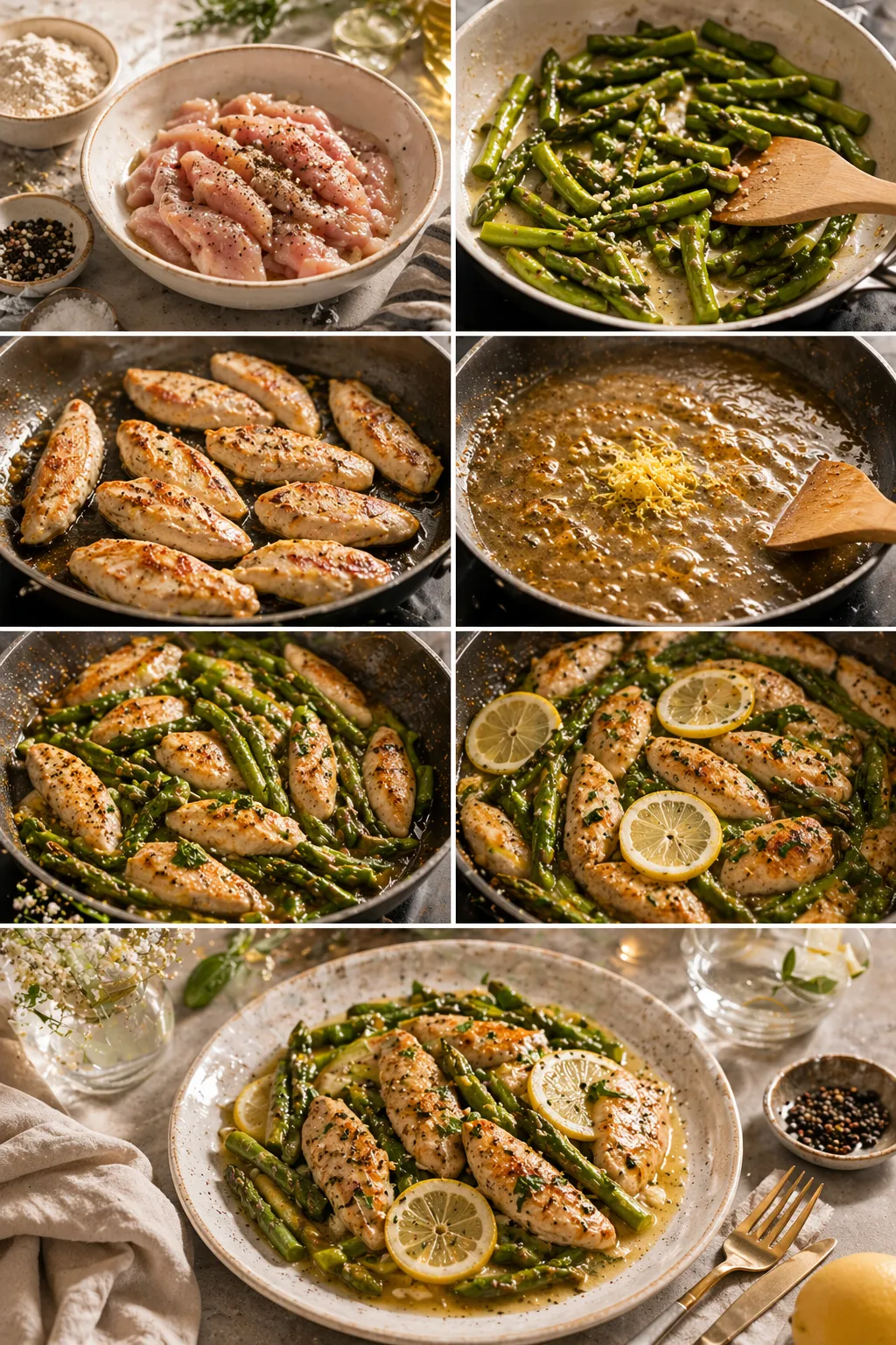 Step-by-step collage of cooking lemon chicken with asparagus