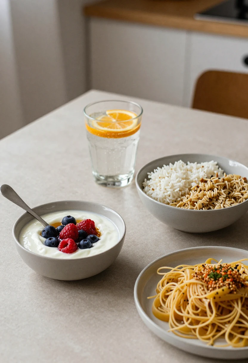 Gradual healthy food swaps with yogurt, berries, citrus water, mixed rice, and mixed pasta.