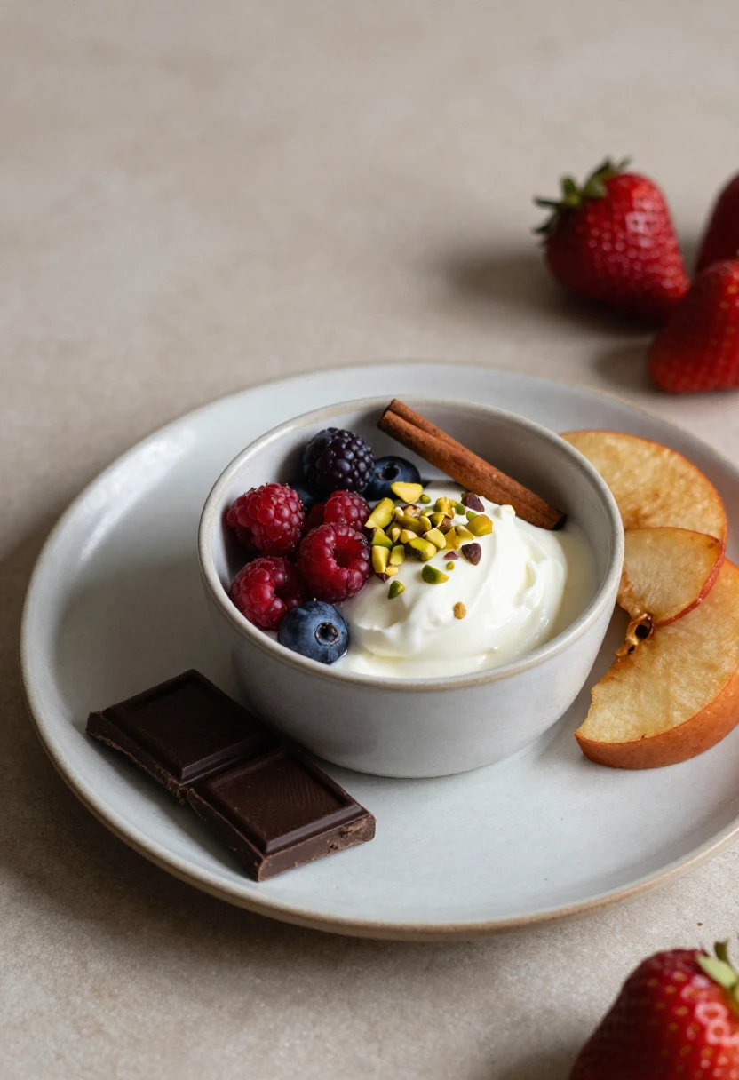 Light healthy desserts with frozen yogurt, berries, pistachios, baked apples, dark chocolate, and strawberries.