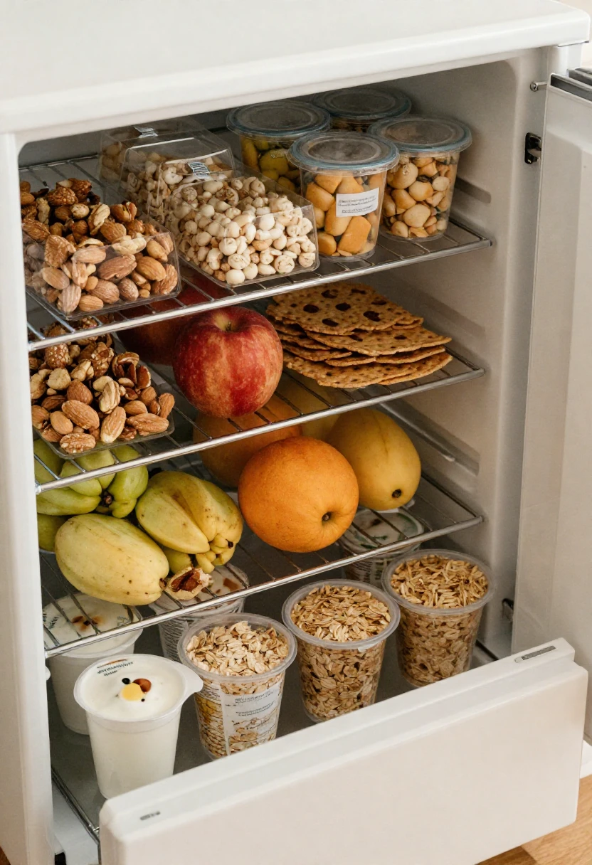 Healthy snacks and simple foods stocked at work for easier choices.