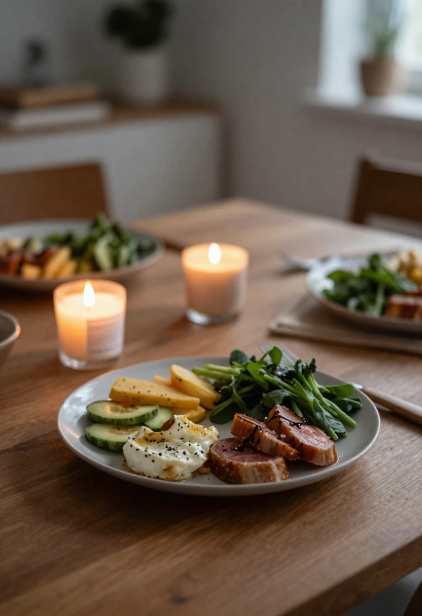 Relaxed healthy dinner scene showing a simple and sustainable approach to eating well