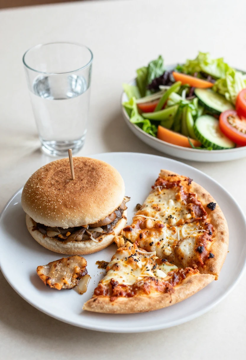 A balanced meal with a smaller rich portion, water, and vegetables showing how to make heavy meals easier to digest.