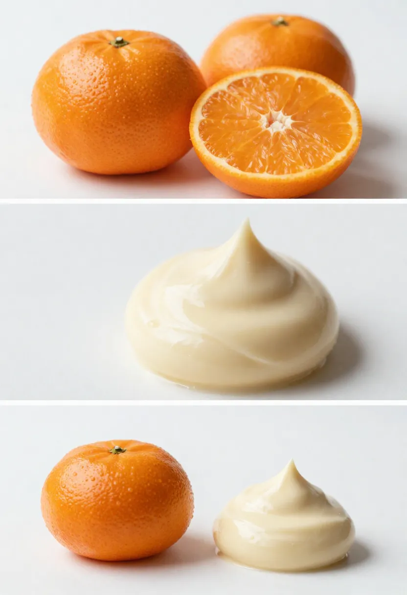 Collage of mandarin and white chocolate in separate images showing fresh citrus and creamy texture