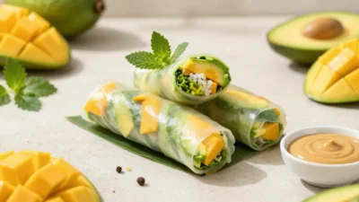 Fresh mango avocado spring rolls with peanut sauce in a bright, airy setting
