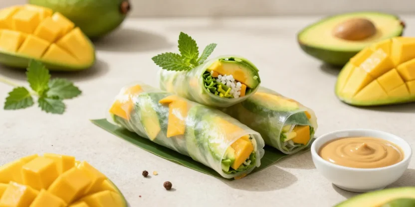 Fresh mango avocado spring rolls with peanut sauce in a bright, airy setting