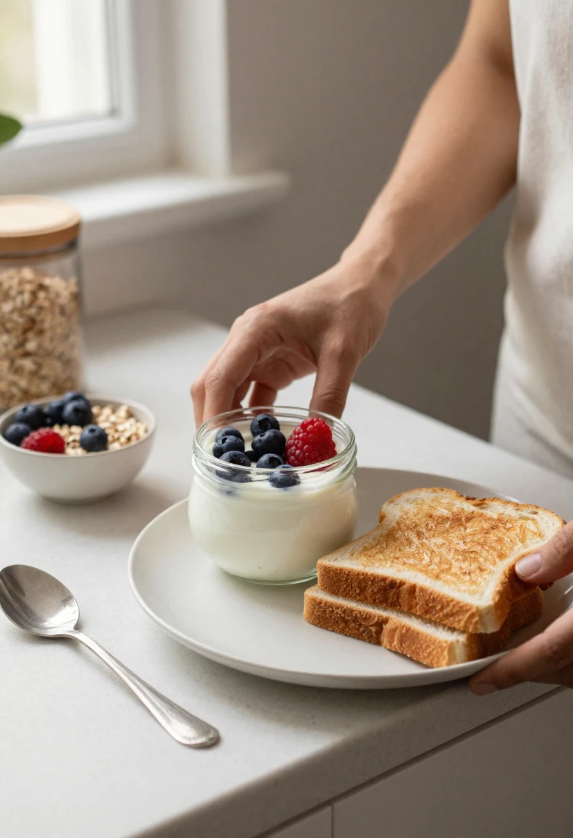 Simple balanced breakfast being prepared in a cozy kitchen