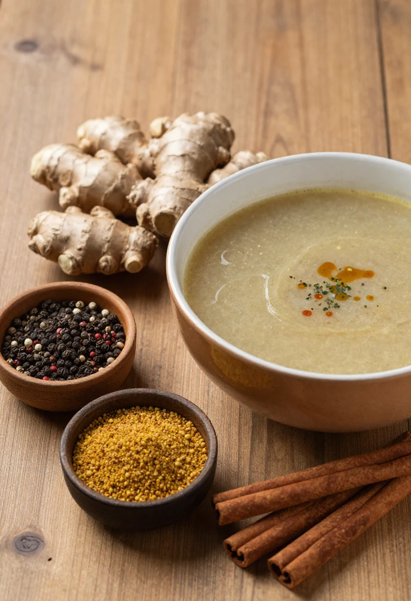 A cozy arrangement of warming spices like ginger, cayenne, cinnamon, and black pepper next to soup.