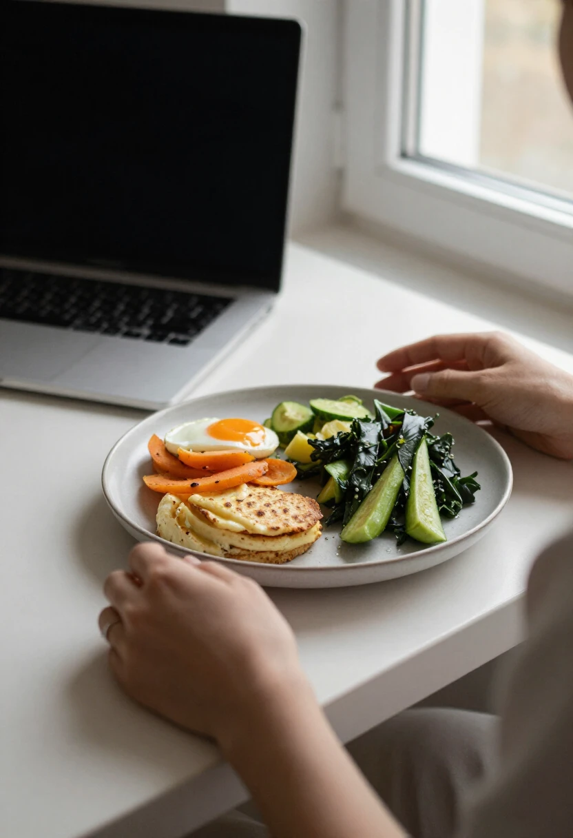 Mindful lunch break away from the desk during a workday.