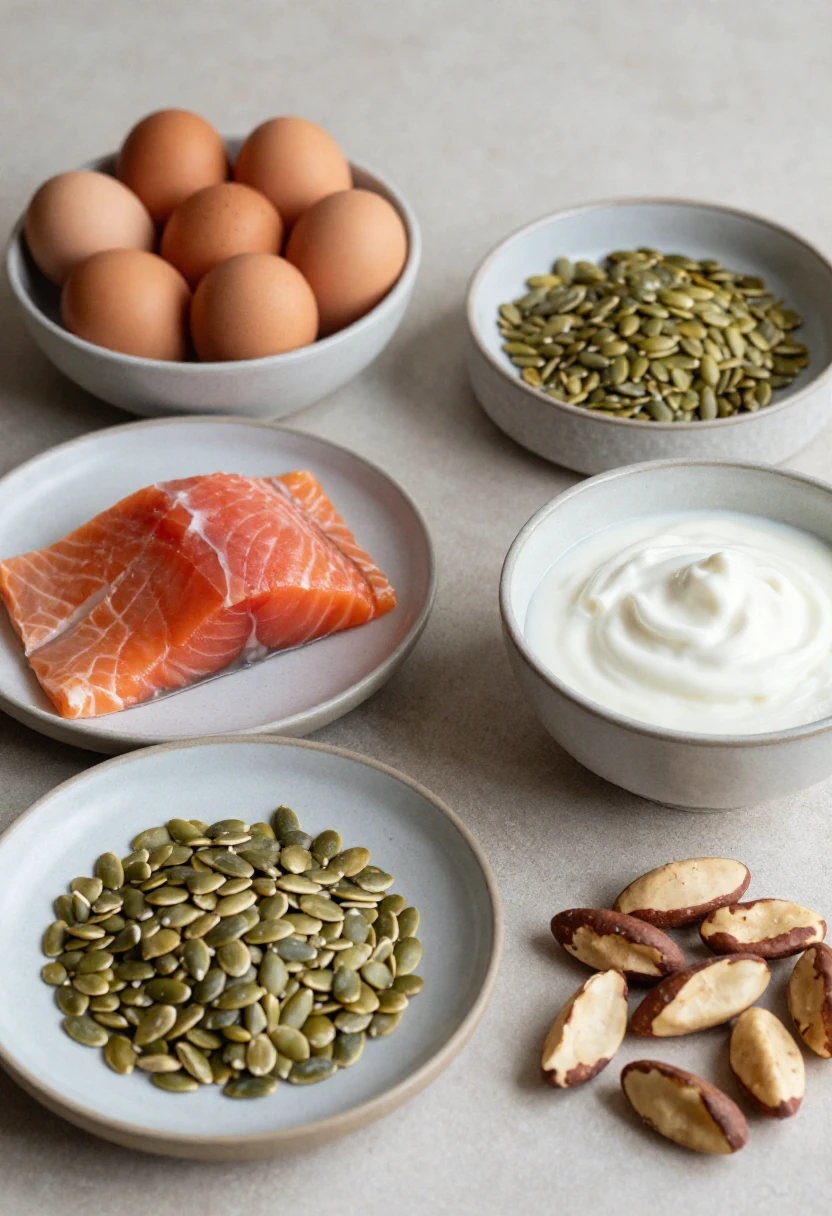 Mineral-rich foods including eggs, salmon, beans, seeds, yogurt, and nuts on a clean table.