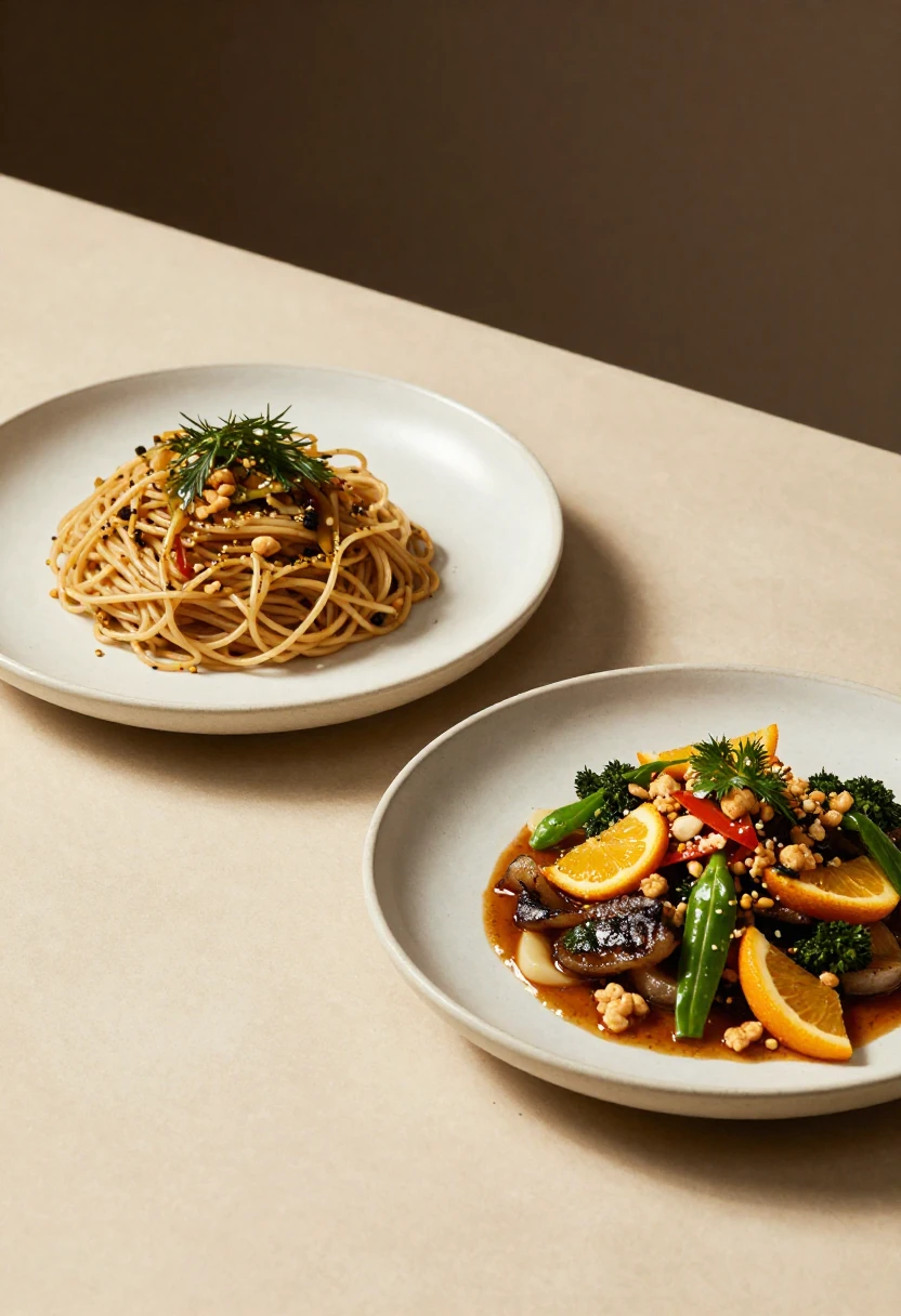 A comparison between a flat-looking simple meal and the same meal improved with balance and texture.
