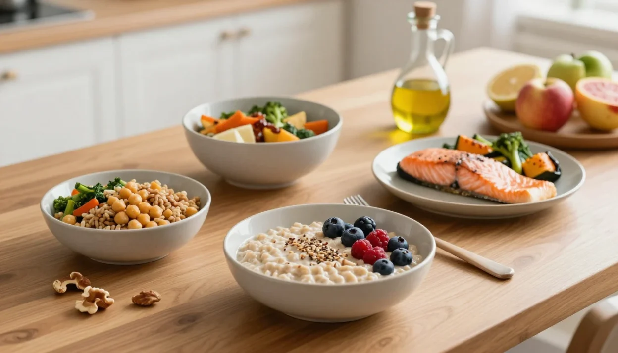 A warm kitchen table with nutrient-dense meals including oatmeal with berries, a grain bowl, salmon, vegetables, nuts, and fruit.
