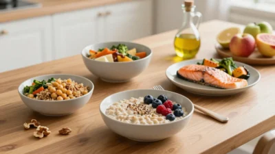 A warm kitchen table with nutrient-dense meals including oatmeal with berries, a grain bowl, salmon, vegetables, nuts, and fruit.