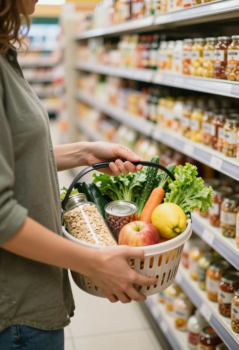 A person choosing simple healthy groceries while surrounded by many modern food options.