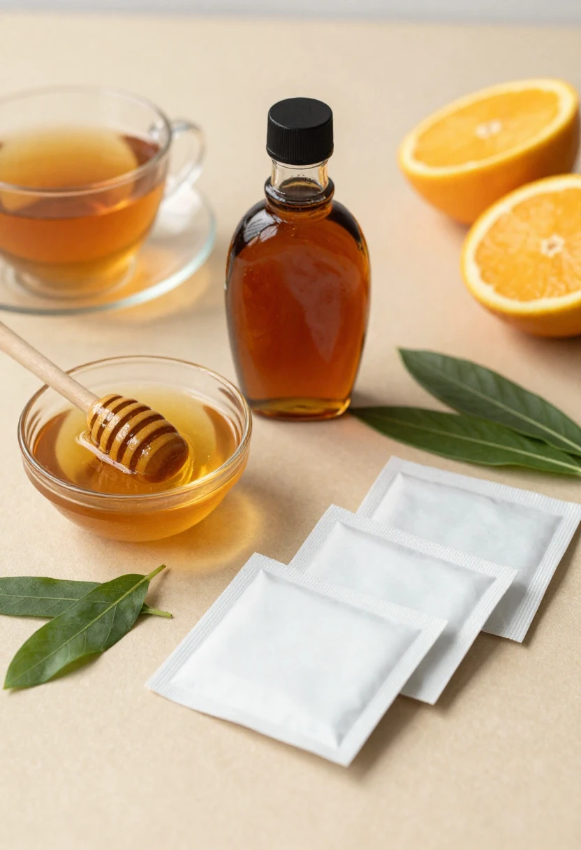 Natural and artificial sweetener options arranged with tea and fresh fruit on a kitchen table.