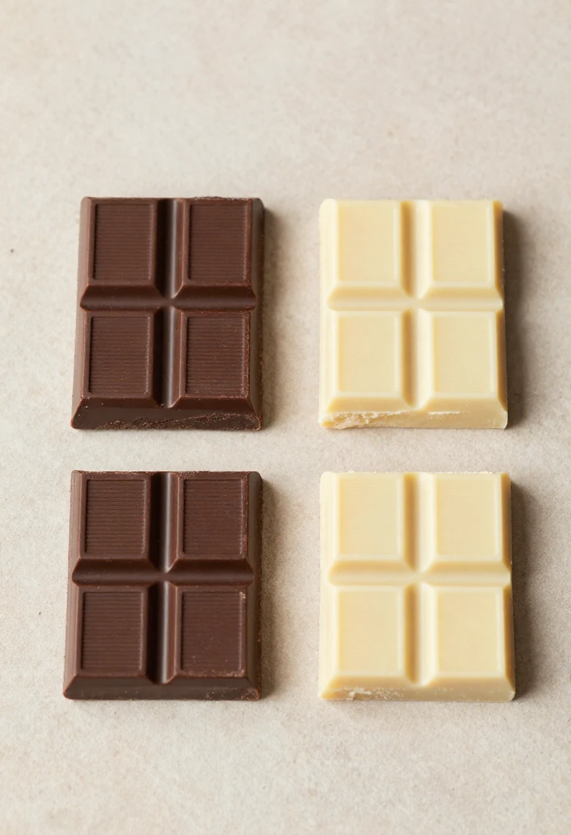 Dark, milk, and white chocolate pieces displayed side by side for comparison
