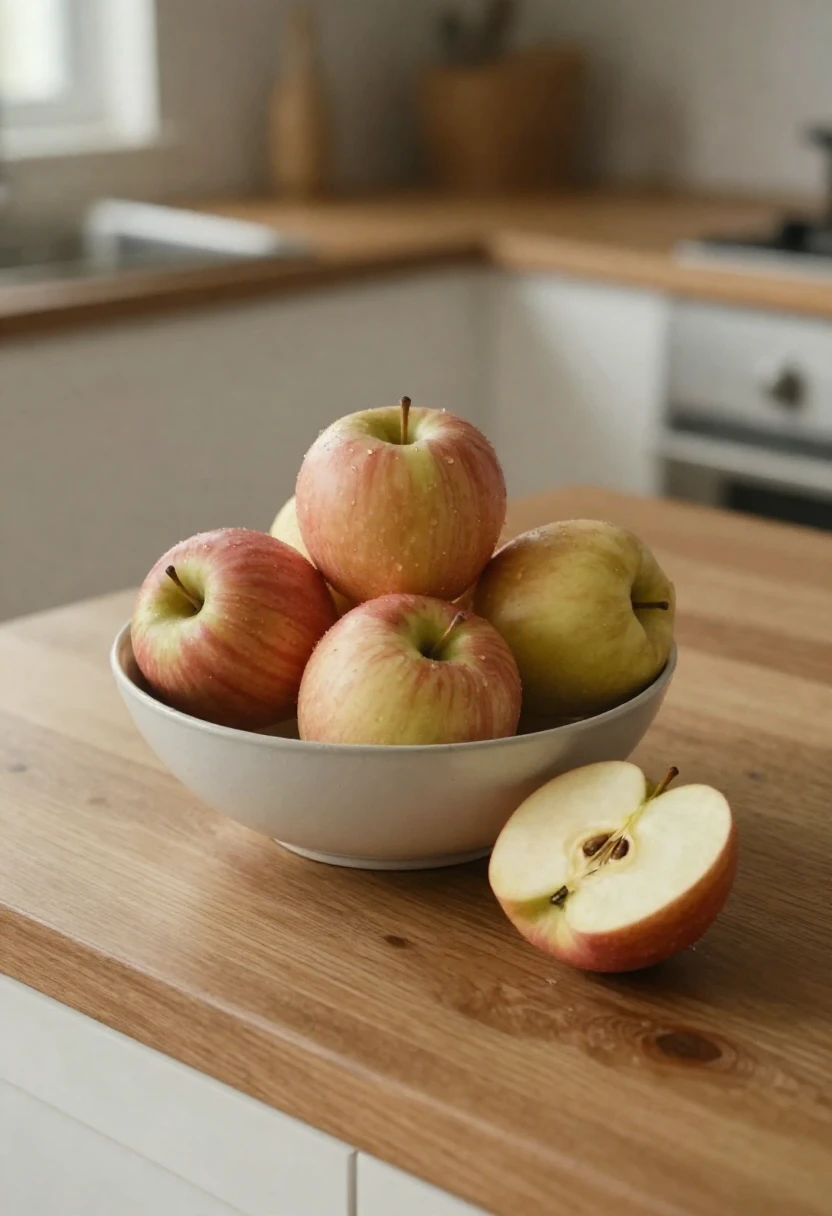 Fresh organic apples in a bowl with one sliced open on a kitchen counter
