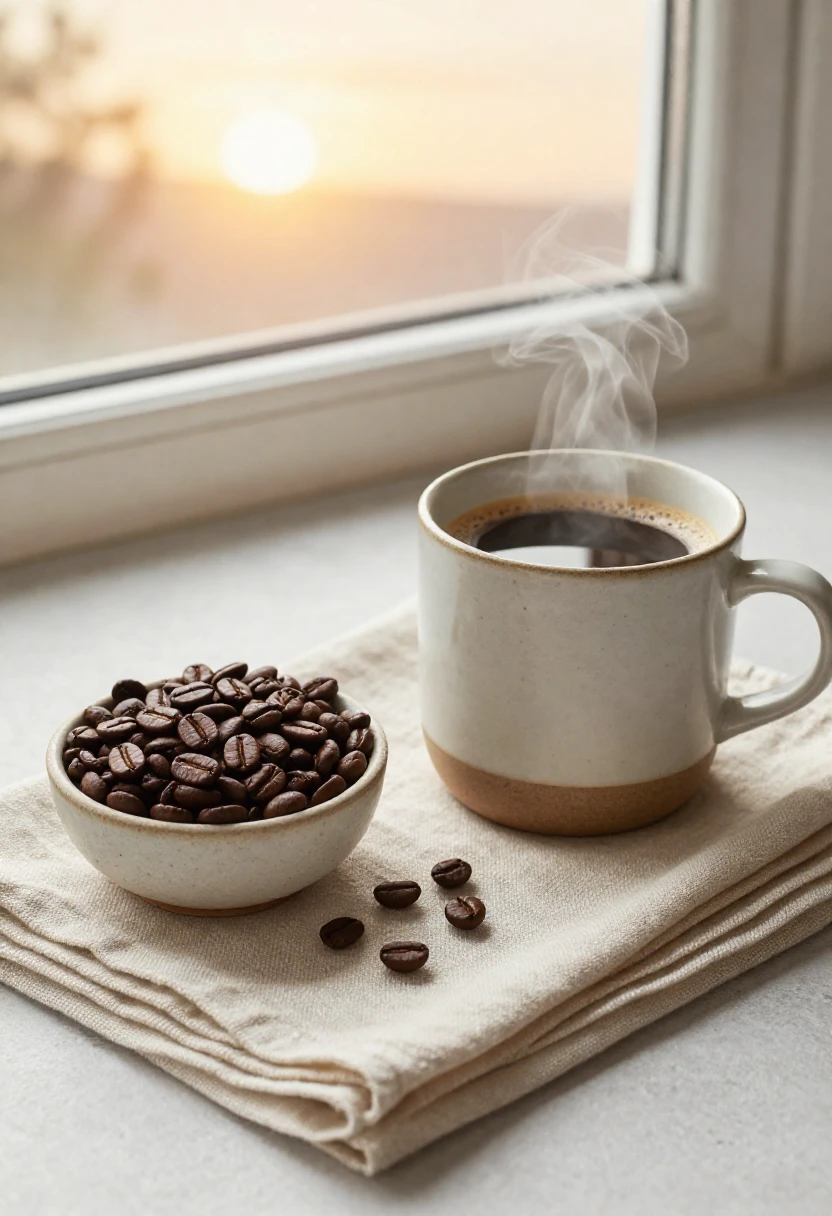 Fresh brewed organic coffee with coffee beans in warm morning light
