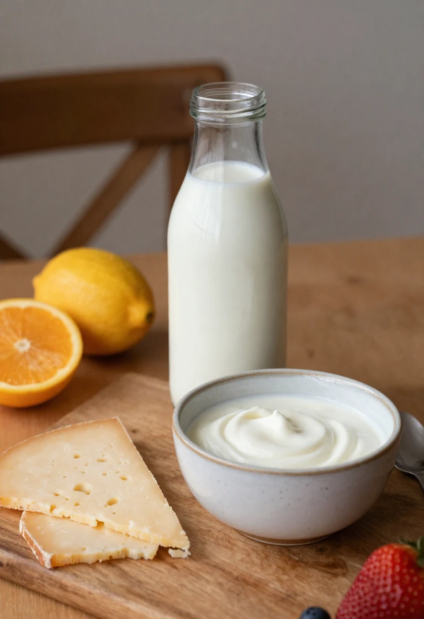 Organic milk, yogurt, and cheese arranged for a simple breakfast