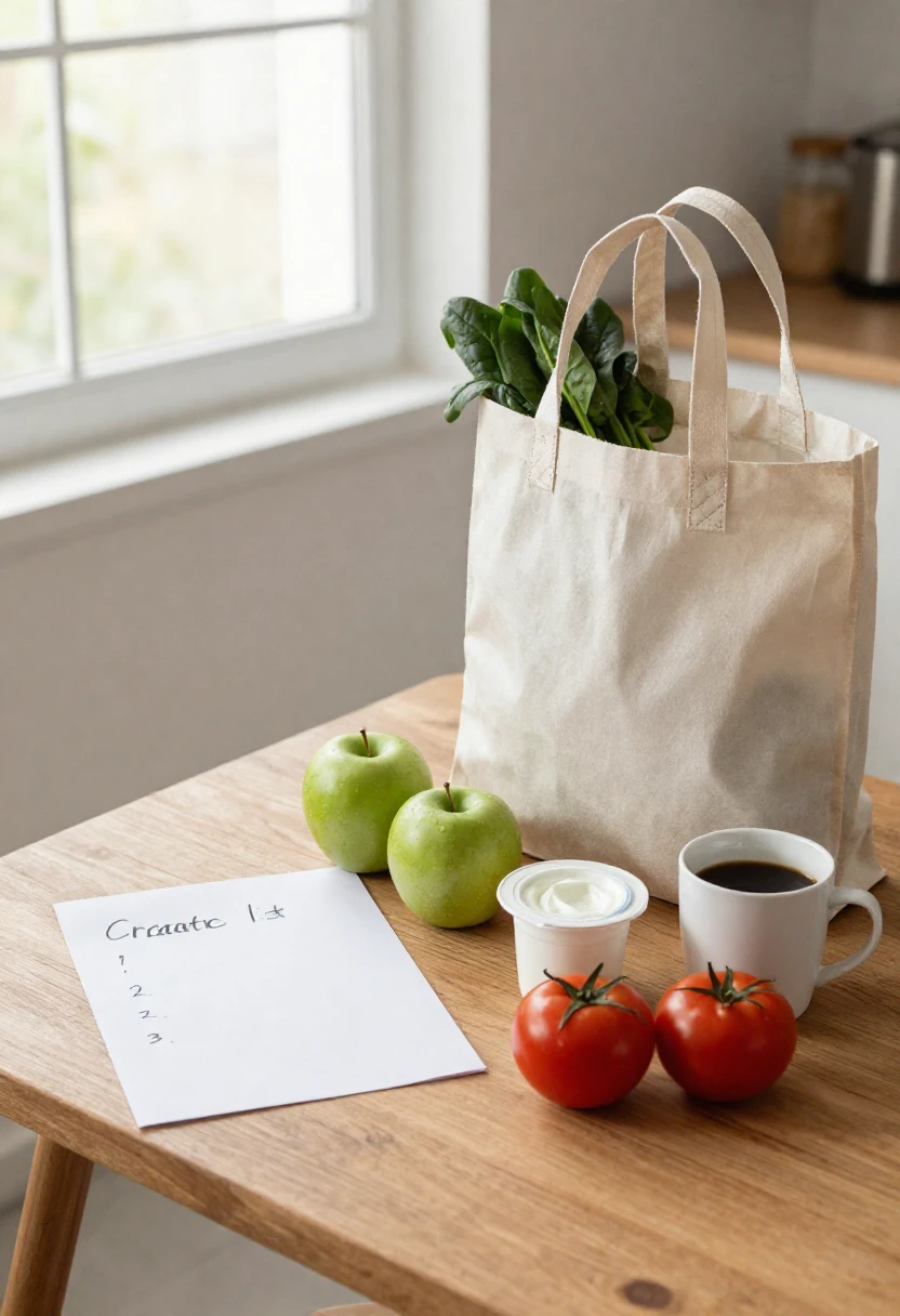 Grocery list with a few organic staple foods on a kitchen table