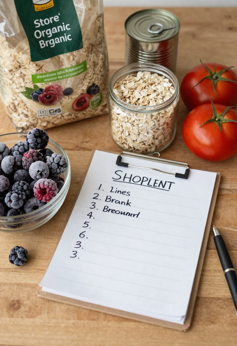 Organic grocery staples and a handwritten shopping list on a table