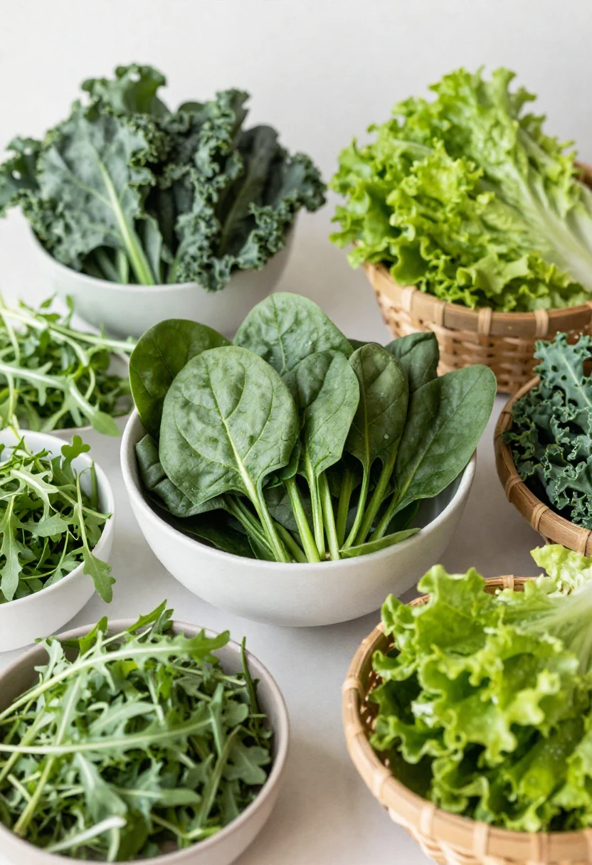 Fresh organic spinach and leafy greens arranged in bowls