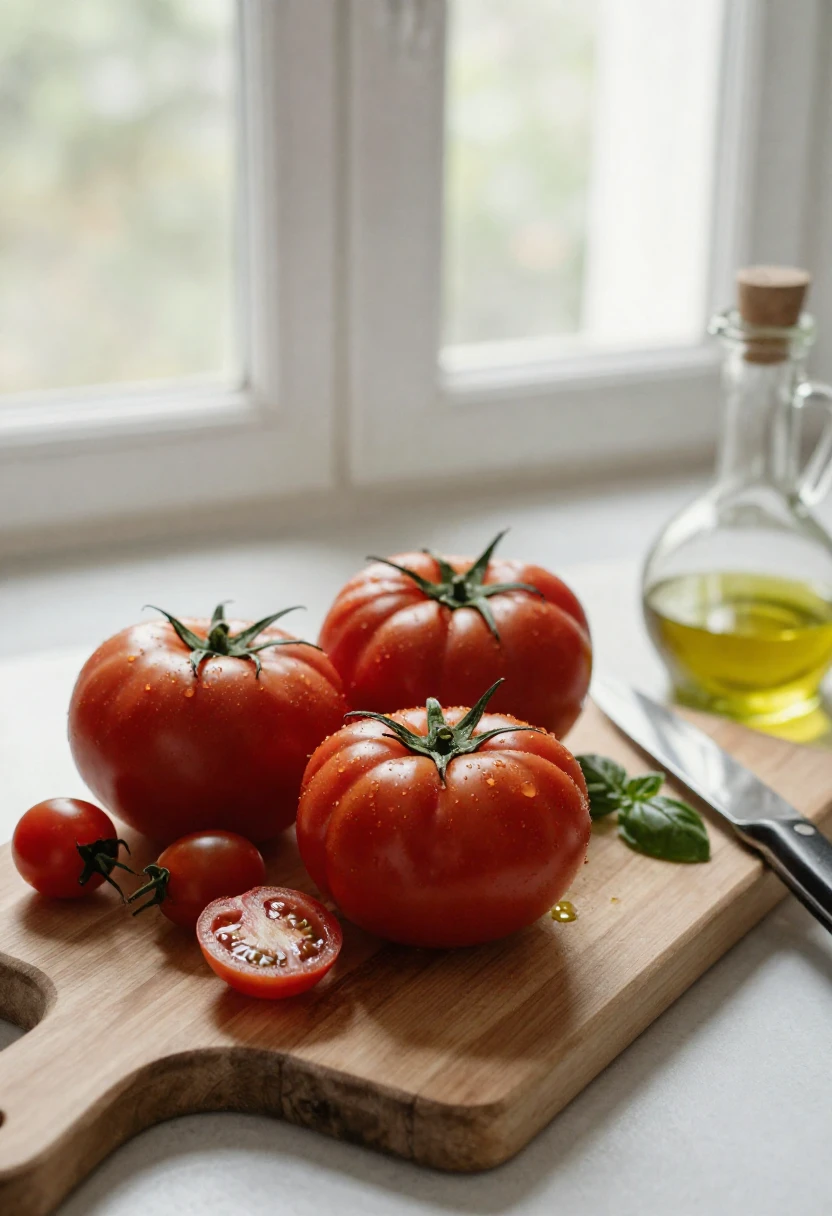 Fresh organic tomatoes on a cutting board with basil and olive oil