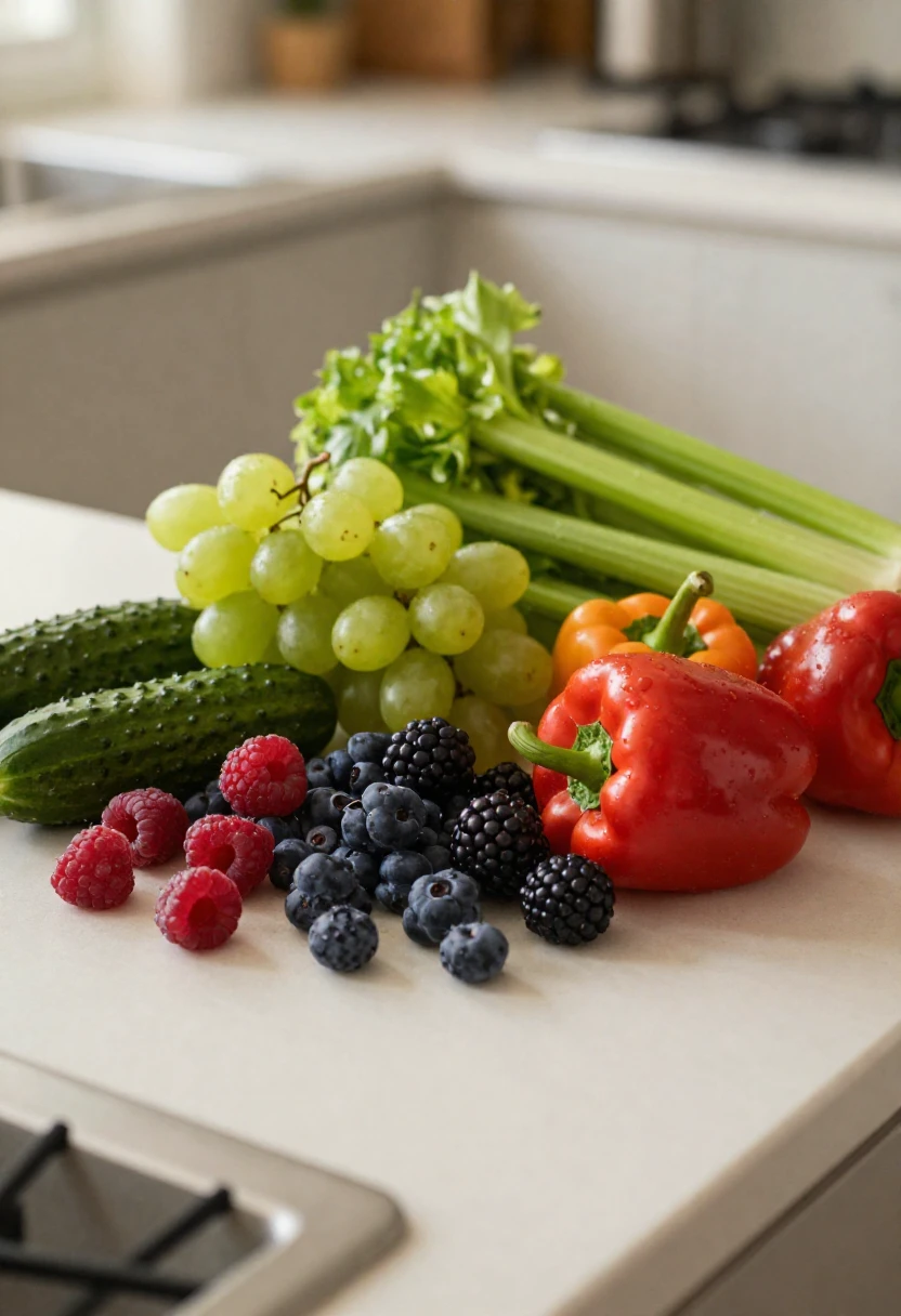 Organic berries, grapes, cucumbers, celery, and peppers on a counter