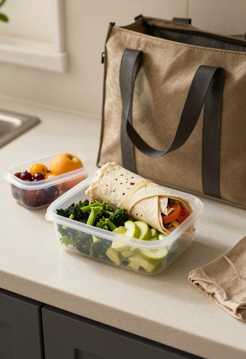 Packed healthy lunch with fresh ingredients ready for work.