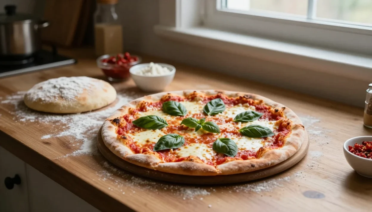 Homemade pizza with melted cheese, basil, and fresh toppings on a cozy kitchen table