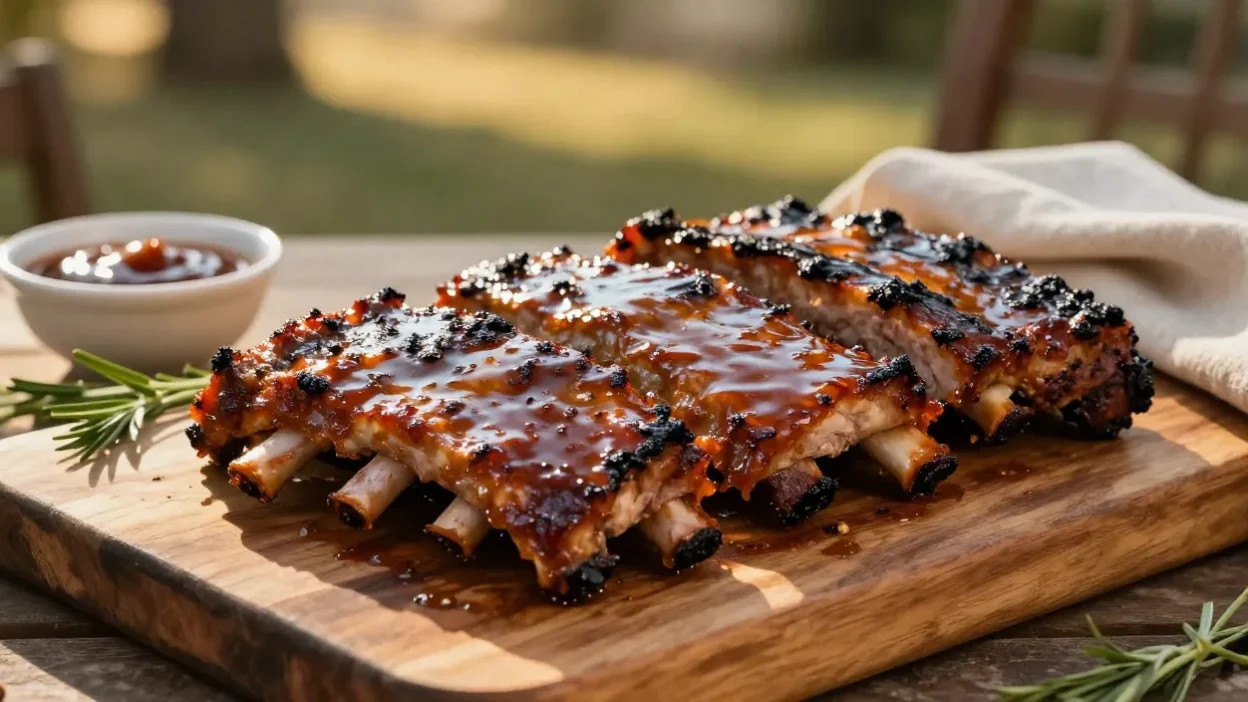 Juicy glazed BBQ ribs on wooden board in warm outdoor light
