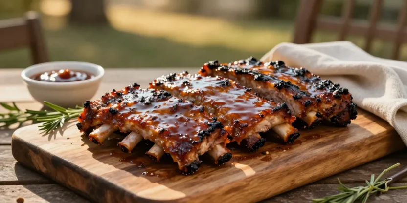 Juicy glazed BBQ ribs on wooden board in warm outdoor light