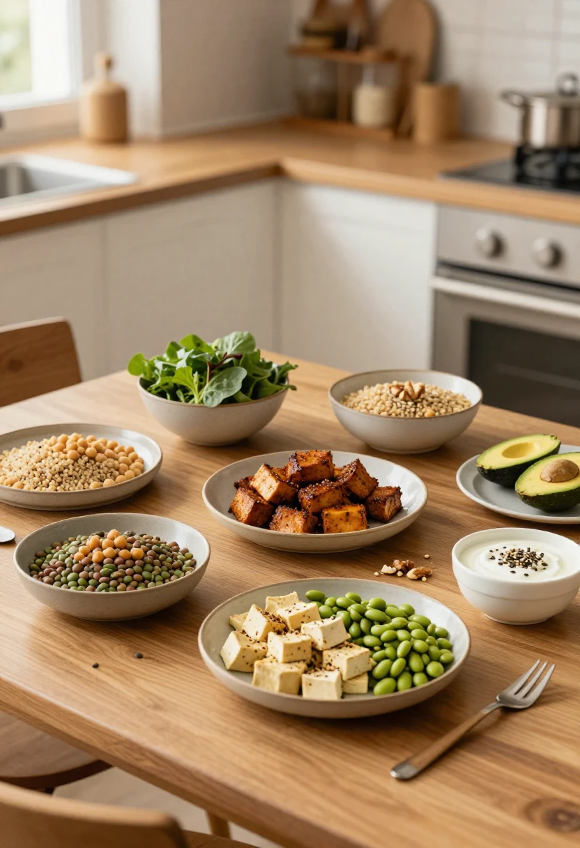 A colorful plant-based meal spread with tofu, lentils, quinoa, chickpeas, edamame, nuts, and seeds in soft natural light
