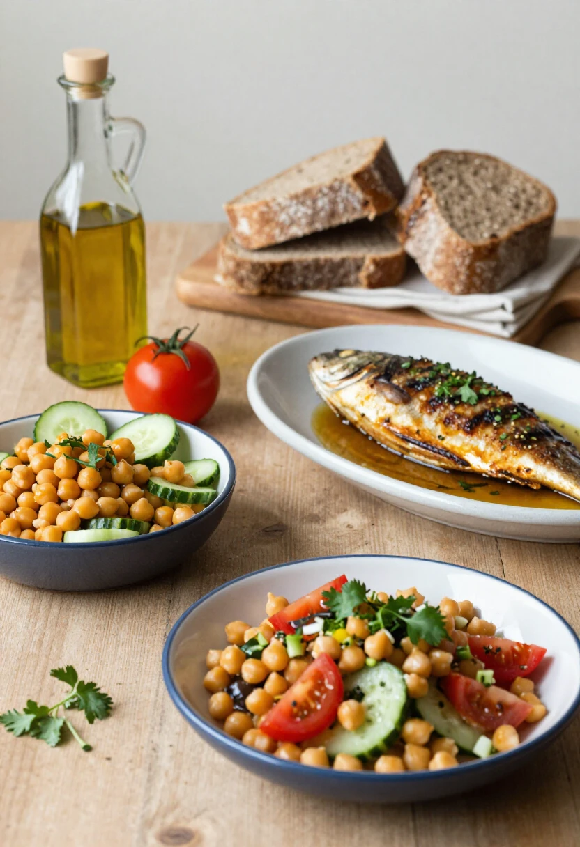 Mediterranean-style healthy meal with fish, vegetables, olive oil, and whole grains
