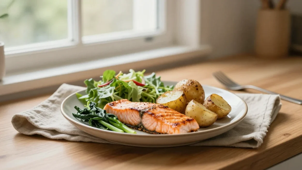 Balanced healthy meal on a plate in soft natural light