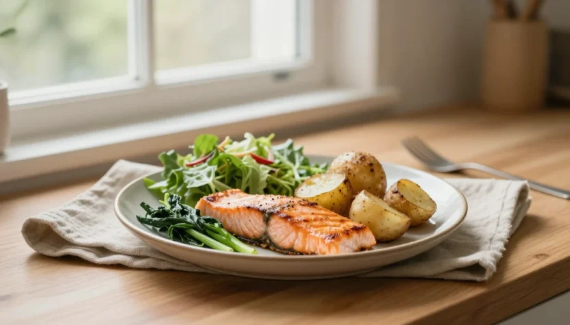 Balanced healthy meal on a plate in soft natural light