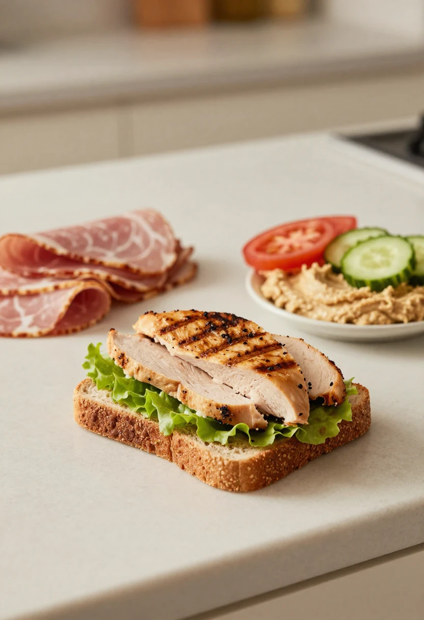 A healthier sandwich made with grilled chicken, vegetables, and hummus as a lighter alternative to processed meats.