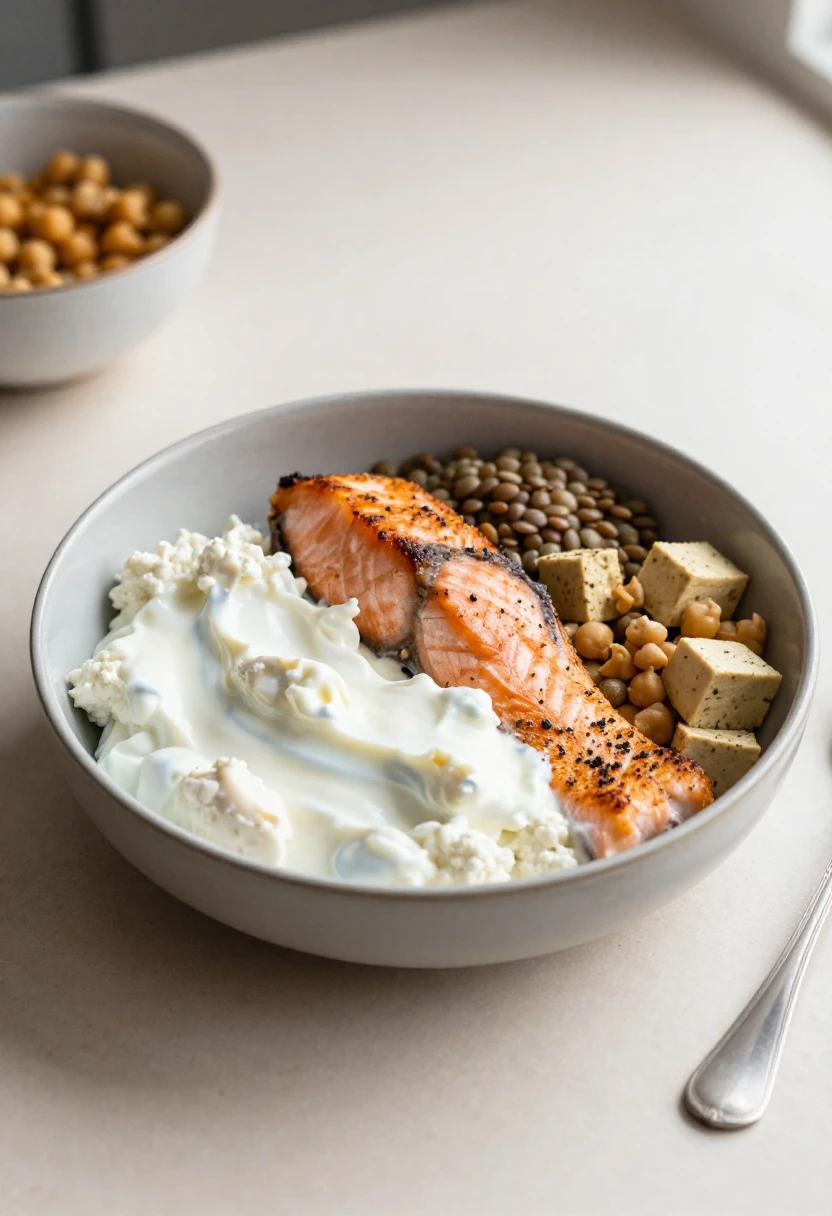 A selection of protein-rich foods including eggs, yogurt, salmon, tofu, and lentils.