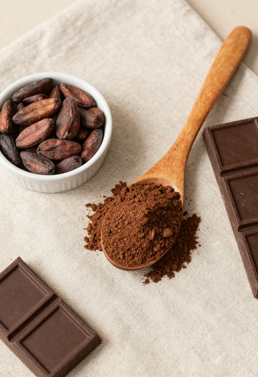 Wooden spoon heaped with cocoa powder, a white bowl of cocoa nibs, and pieces of dark chocolate on a beige fabric surface