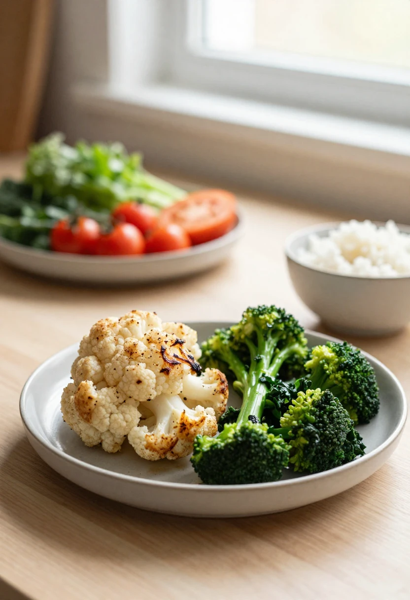 Cooked cruciferous vegetables like roasted cauliflower, steamed broccoli, and sautéed kale as gentler options for digestion.