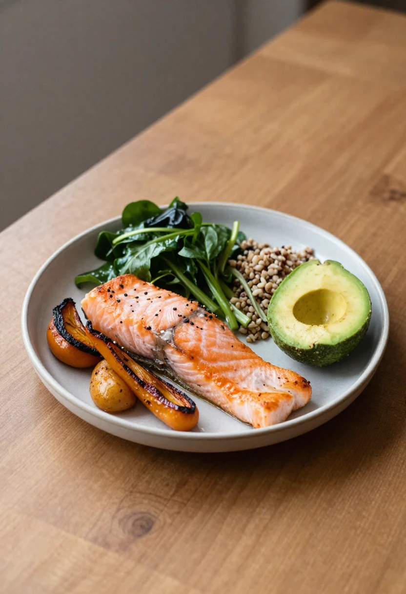 Balanced whole-food meal with protein, vegetables, grains, and healthy fats