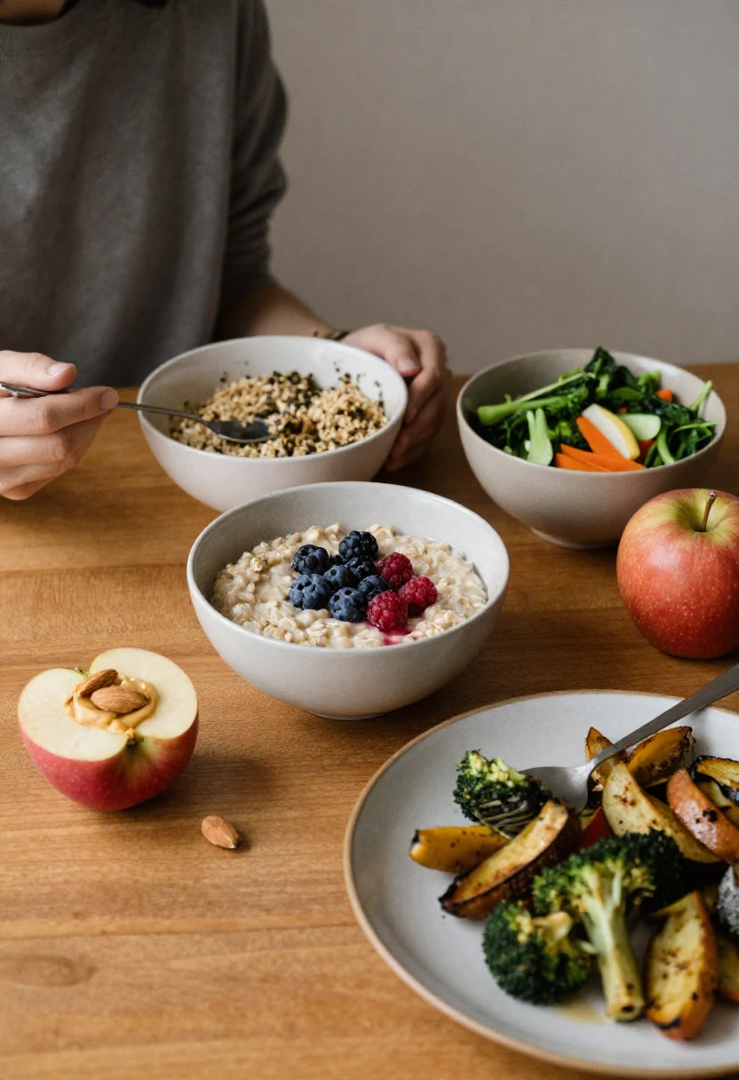 A simple day of antioxidant-rich meals arranged in a cozy home setting.