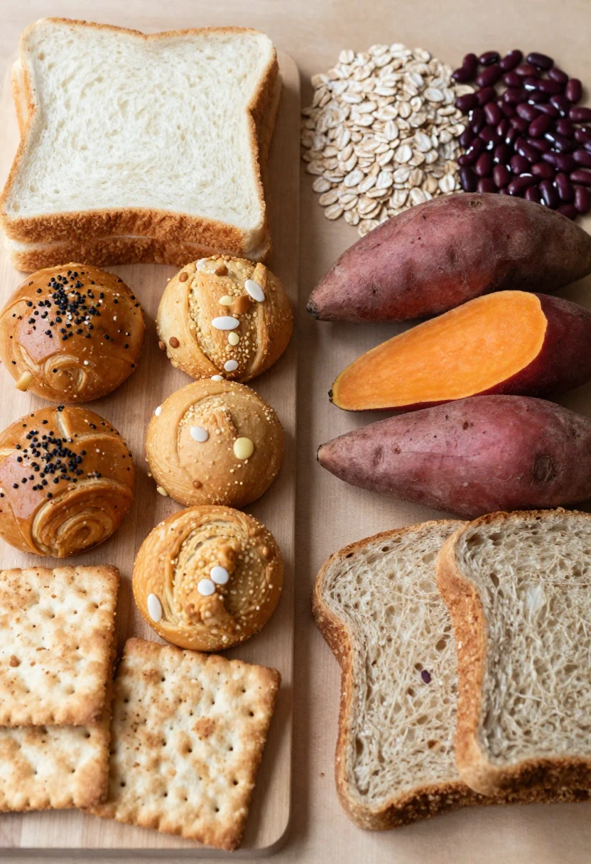 A comparison of refined carb-heavy foods and more balanced whole-food carbohydrate options.