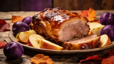 Roast pork with apples and plums in a warm autumn outdoor setting
