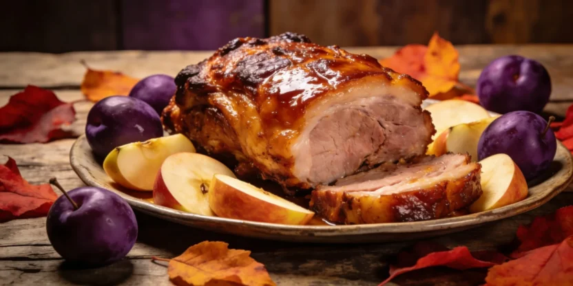Roast pork with apples and plums in a warm autumn outdoor setting