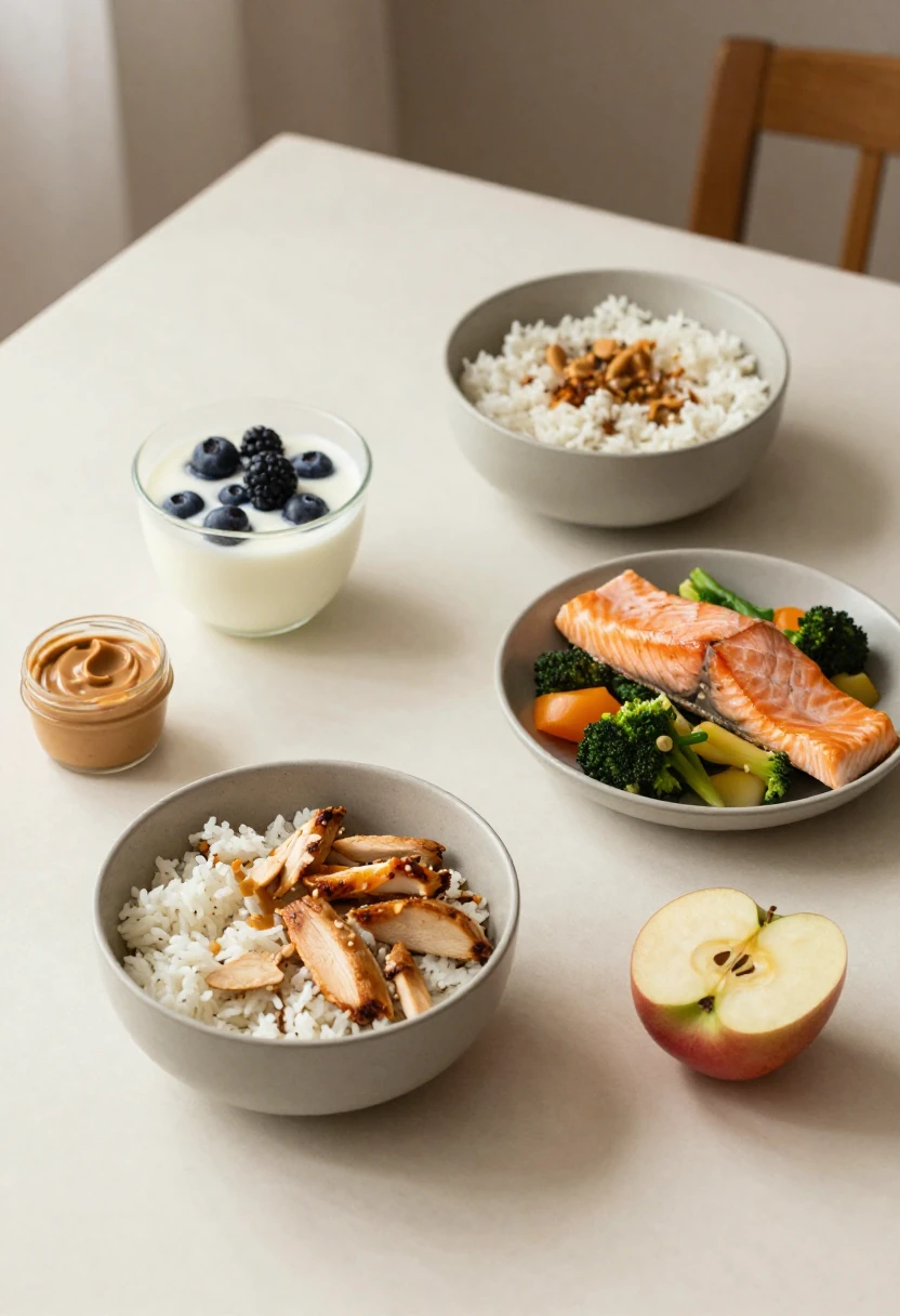 A full sample day of healthy eating with balanced meals and snack options