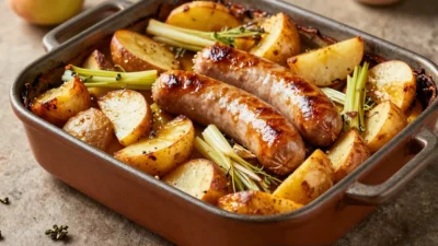 Sausage, fennel and apple tray bake with golden roasted ingredients and warm cozy tones