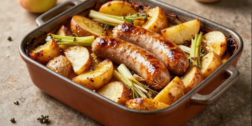 Sausage, fennel and apple tray bake with golden roasted ingredients and warm cozy tones