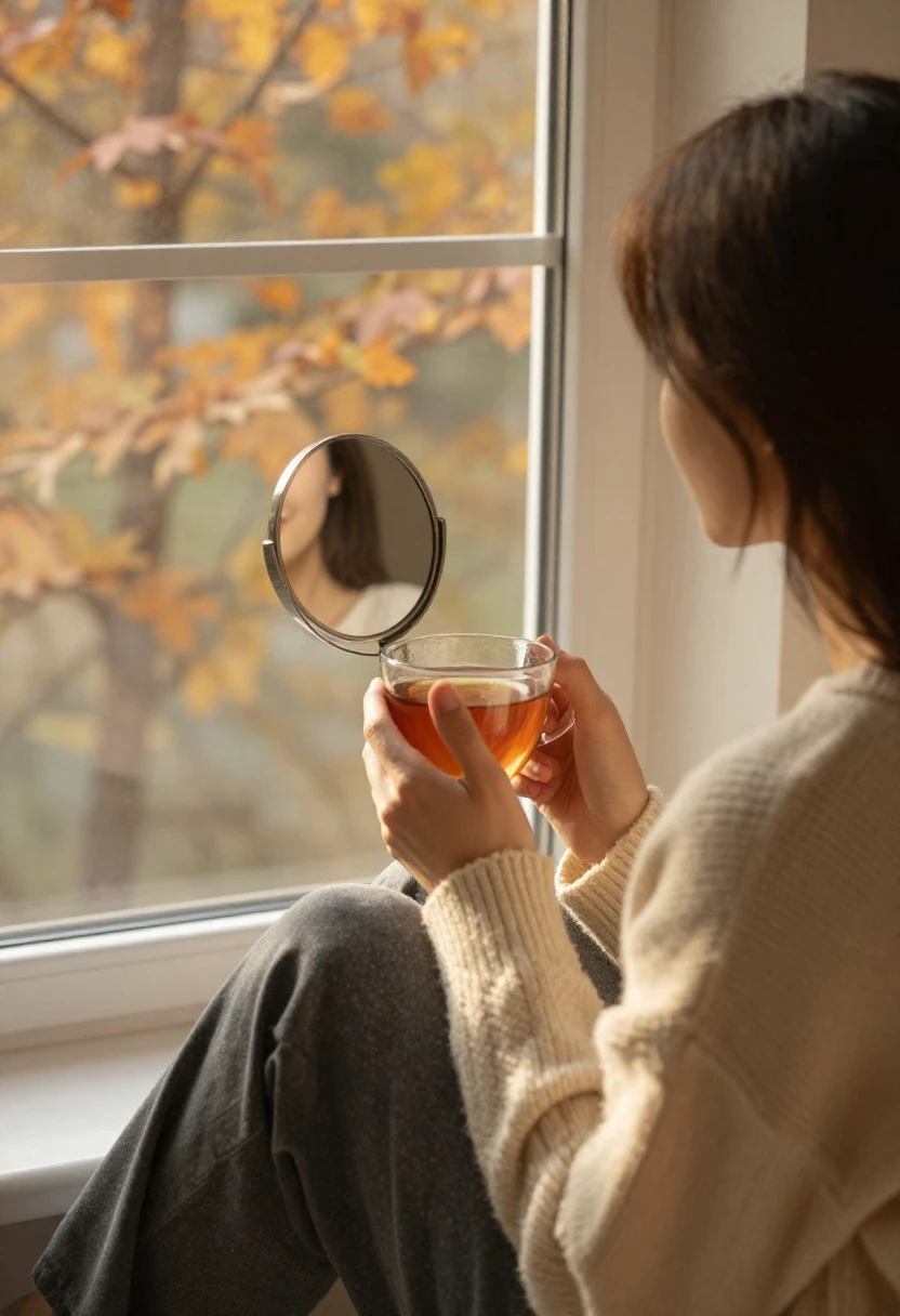 Woman reflecting on her seasonal skincare routine by an autumn window with warm tea