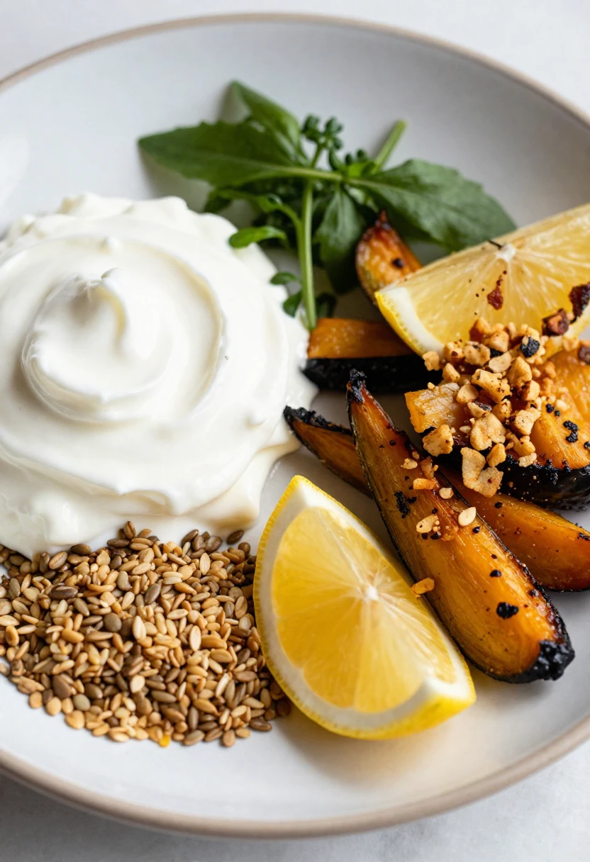 A balanced meal with creamy, crunchy, fresh, and bright elements on one plate.