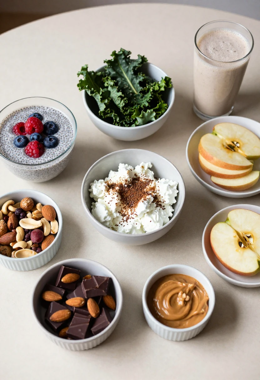 Seven healthy guilt-free snack ideas displayed on a bright table.
